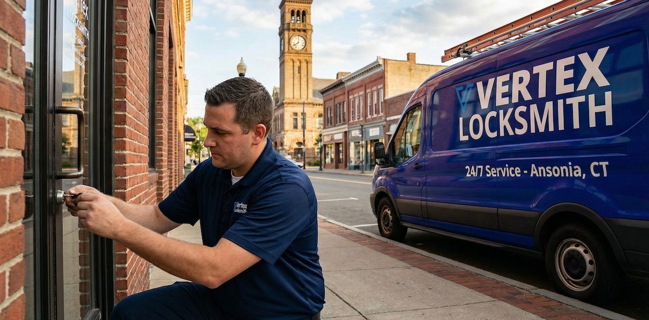 Vertex Locksmith Ansonia technician servicing a lock in Ansonia CT with branded service van